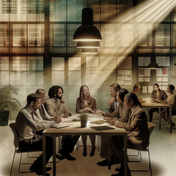 Een diverse groep werknemers die samenwerkt aan een project in een serene kantooromgeving, met een centrale tafel gevuld met laptops en papieren.