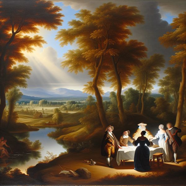 Een schilderachtig landschap in de stijl van Jacob van Ruisdael met mensen die blij reageren op een teamvergadering.