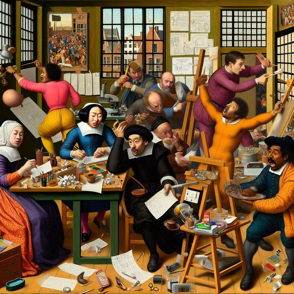 Samenwerken in een drukke werkomgeving Een levendige werkomgeving met kandidaten die samenwerken om een complex probleem op te lossen, met emotionele uitdrukkingen en een chaotische, maar boeiende sfeer.