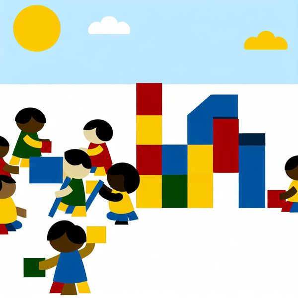 Teamwork in Beeld: Samen Bouwen aan een Structuur Diverse teamleden bouwen samen een kleurrijke structuur met grote blokken in heldere kleuren.