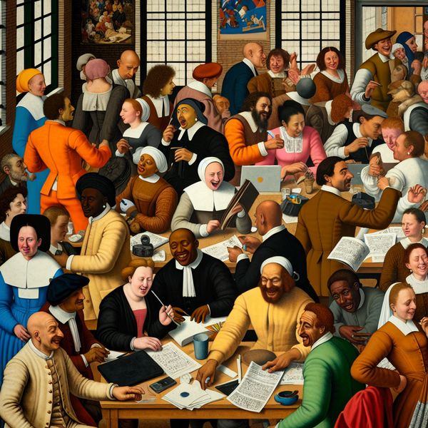 Teamwork en samenwerking: nieuwe krachten in een dynamisch projectteam Levendige teamwork-scène in de stijl van Jan Steen met diverse collega's die samenwerken en nieuwe krachten verwelkomen in een moderne werkplek