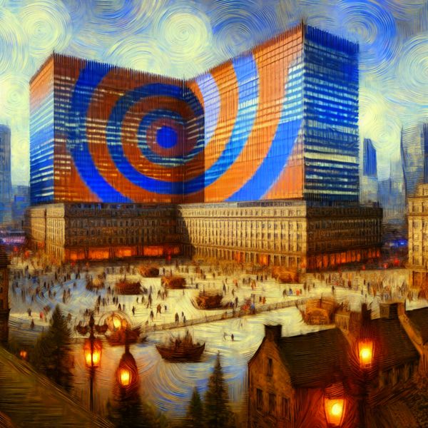 Techplaneet hoofdkantoor schilderij Frans Hals stijl invloedrijke organisatie Dynamische schilderij in de stijl van Frans Hals van een imposant hoofdkantoor als een 'planeet' in de techwereld, omringd door kleine gebouwen en mensen, symboliserend een grote invloedrijke organisatie