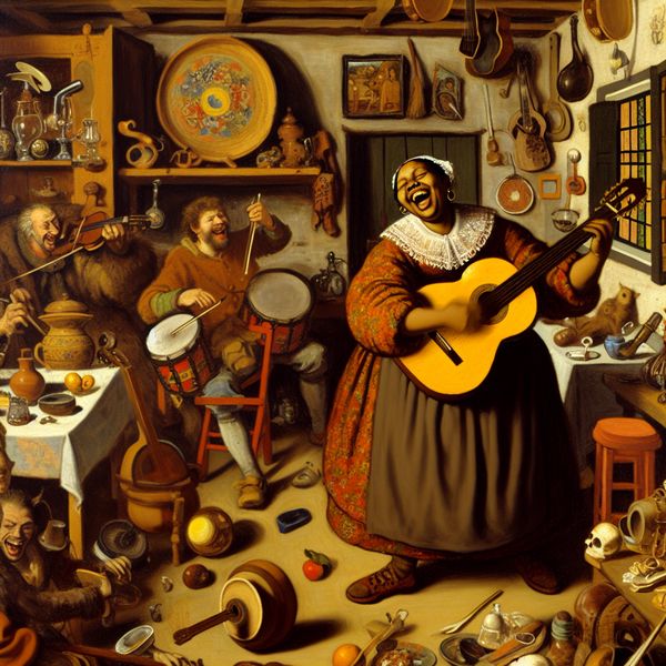 Vrolijke vrouw die tegelijkertijd gitaar speelt en zingt in een levendige, chaotische kamer vol muziekinstrumenten en alledaagse voorwerpen