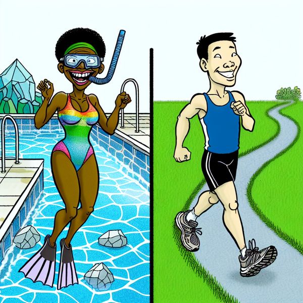 Tegenstelling Illustratie: Zwemmen vs Hardlopen Cartoonillustratie van twee personages in tegenstelling; een zwemmer met enthousiasme, de ander een hardloper met vastberadenheid