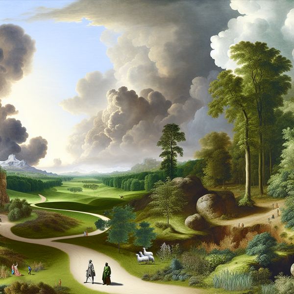 Tegenstelling in grootte: groot versus klein in schilderachtig landschap Twee figuren van sterk verschillende grootte in een weids landschap met dramatische lucht, illustrerend de tegenstelling groot en klein