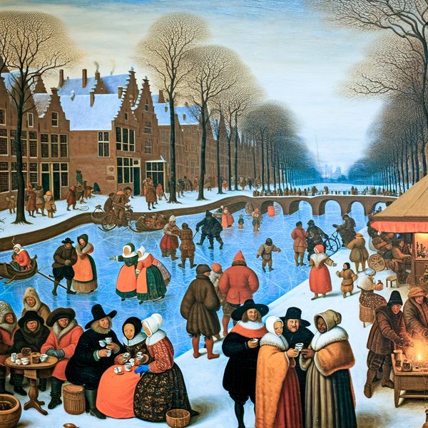 Tegenstelling tussen koffie en thee in winterse setting - Taal leren Nederlands Levendige wintertafereel met twee groepen mensen bij een café en theekraam op een bevroren kanaal, illustrerend de tegenstelling tussen koffie- en theedrinkers