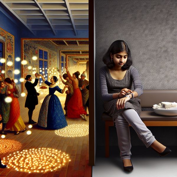 Tegenstelling tussen feestvreugde en tijdsdruk in een serene ruimte Jonge vrouw kijkt bedrukt naar een klok terwijl een feestelijk feest aan de andere kant van de kamer plaatsvindt.