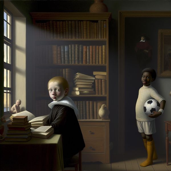 Tegenstelling tussen intellect en sport in een serene binnenomgeving Een serieuze binnenopstelling met een jonge jongen en een vrolijke man, boeken en een voetbal, onder zacht licht.