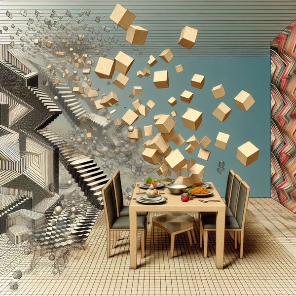 Visuele metafoor voor tegenvallen: surrealistische teleurstelling in Escher-stijl Surrealistische illustratie van teleurstelling met vervormend eten op een restauranttafel en onmogelijke trappen, geïnspireerd op M.C. Escher