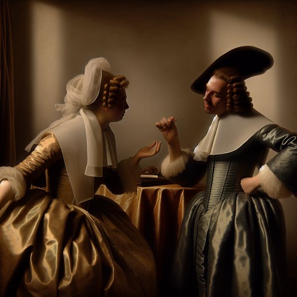 17e-eeuwse discussie met tegenwerping en concessie in Ter Borch-stijl Twee elegante personen in 17e-eeuws Nederlands interieur voeren een beleefde discussie met een tegenwerping, geschilderd in de stijl van Gerard ter Borch