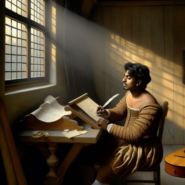 17e-eeuwse tekstschrijver schrijft songteksten bij kaarslicht in een rustige kamer, geïnspireerd door Vermeer