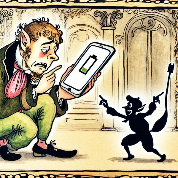 Telefoon bijna leeg - batterij leeg cartoon illustratie voor taal leren Cartoonfiguur kijkt bezorgd naar smartphone met bijna lege batterij, terwijl een kleine batterij-sprite speels ronddanst