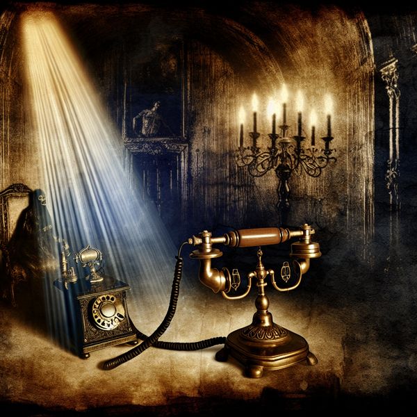 Symbolische voorstelling van een telefoongesprek aannemen in gotische stijl Mysterieuze figuur in gotische setting met antieke telefoon, symbolisch voor een inkomend telefoongesprek