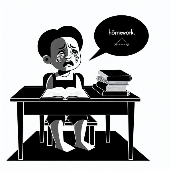 Teleurgesteld Kind Over Huiswerk Minimalistische illustratie van een kind dat teleurgesteld aan een bureau zit met boeken, met een frons en traanogen, omringd door papieren.