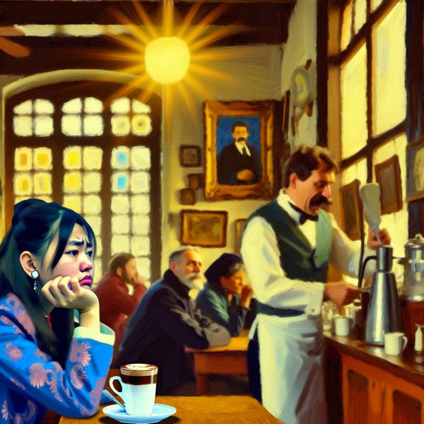 Een teleurgestelde klant in een café die een kop bittere koffie vasthoudt terwijl hij grimast, met een barista op de achtergrond die een warme cacaodrank maakt.