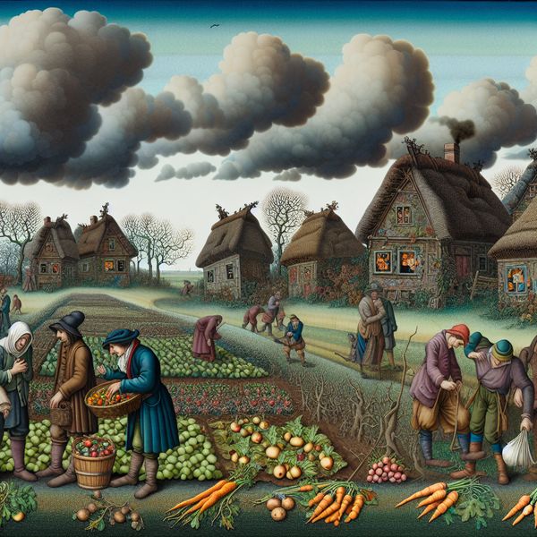 Teleurstellende oogst in een nostalgisch boerenlandschap Een vintage-stijl illustratie van een boerenlandschap met teleurgestelde boeren en een lage oogst met groenten.