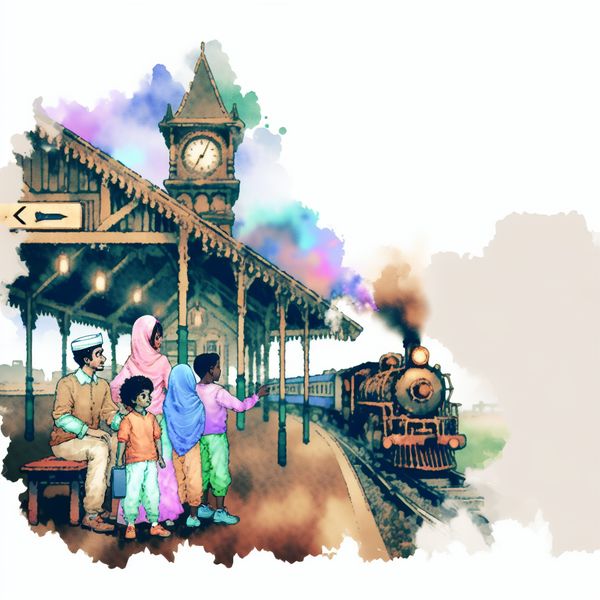 Teleurstelling op Oud Wereld Trainstation Anton Pieck-stijl illustratie van teleurgestelde mensen op oud treinstation
