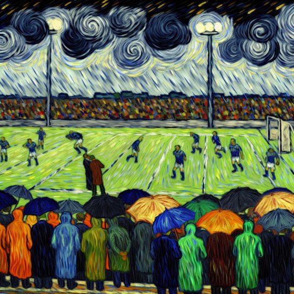 Teleurstelling op nat voetbalveld in Van Gogh-stijl Voetbalveld in de regen met teleurgestelde spelers en toeschouwers in Van Gogh-stijl