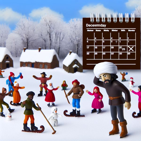 Teleurstelling in een vrolijk winterlandschap Een vrolijke winterlandschap met een groep mensen die plezier hebben, terwijl één figuur zichtbaar gefrustreerd is door een lege kalender.