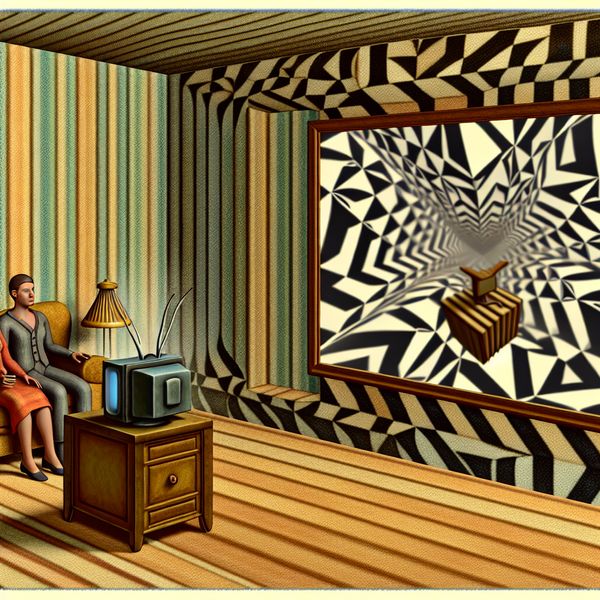 Televisie kijken in surrealistische Escher-stijl woonkamer met optische illusies Surrealistische woonkamer in M.C. Escher-stijl met twee mensen die televisie kijken, omringd door geometrische patronen en optische illusies
