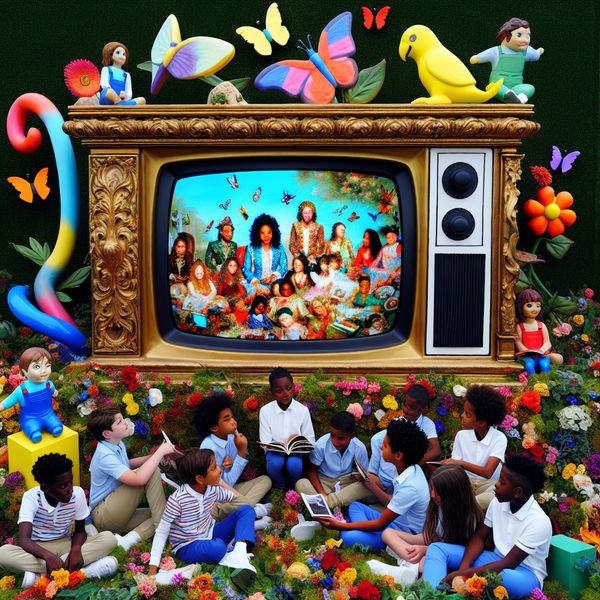 Vrolijke leerscène met kinderen en een grote televisie Een grote televisie in een kleurrijke tuin met kinderen die leren.