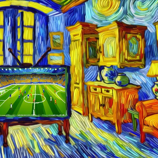 Televisie in woonkamer: levendige voetbalwedstrijd op modern scherm in Van Gogh-stijl Vrolijke woonkamer in Van Gogh-stijl met een moderne televisie die een voetbalwedstrijd toont, omringd door warme kleuren en expressieve penseelstreken