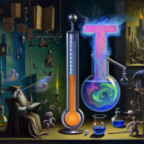 Surrealistisch wetenschappelijk laboratorium met een gloeiende thermometer met de letter T, symboliserend voor temperatuur in een technische context