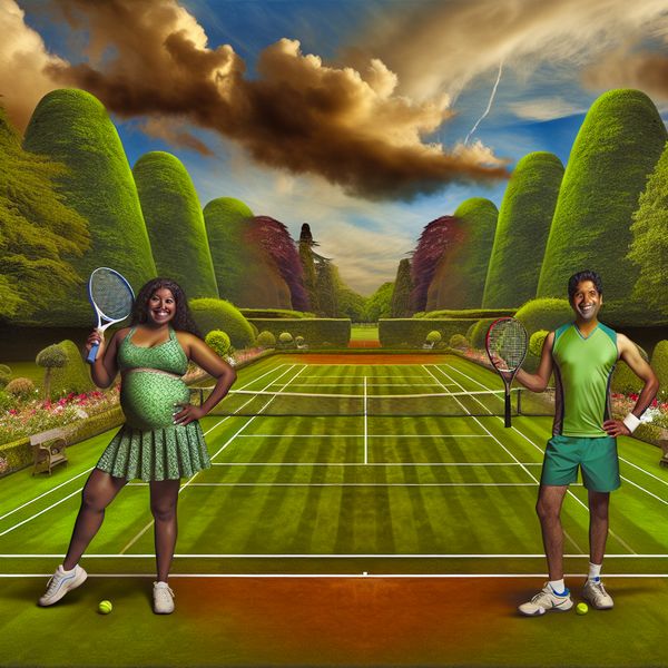 Tennispartners op een prachtig groen tennisveld voor een wedstrijd Tennispartners staan gereed om te spelen op een groen tennisveld omringd door bomen onder een dramatische lucht.