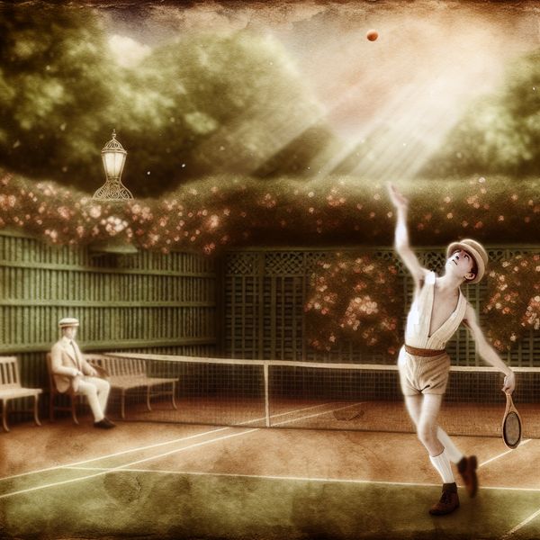 Tennisser serveert in nostalgische sprookjesstijl - Anton Pieck tennisopslag Tennisser in nostalgische stijl van Anton Pieck maakt een elegante opslag tijdens een tenniswedstrijd, met bal hoog in de lucht en racket in volle actie