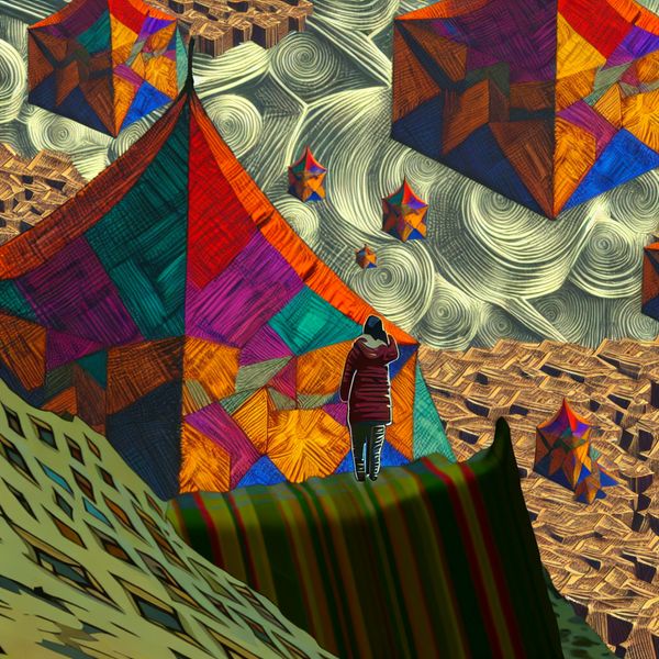 Surrealistische Tent Opzetten in Geometrisch Landschap Een figuur zet een kleurrijke tent op in een surrealistisch landschap met optische illusies, geïnspireerd door M.C. Escher.