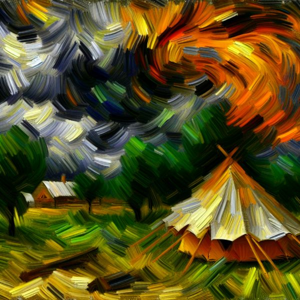 Abstract expressionistische voorstelling van een tent die snel wordt opgezet in een tuin vlak voor regen, met donkere wolken en dynamische penseelstreken