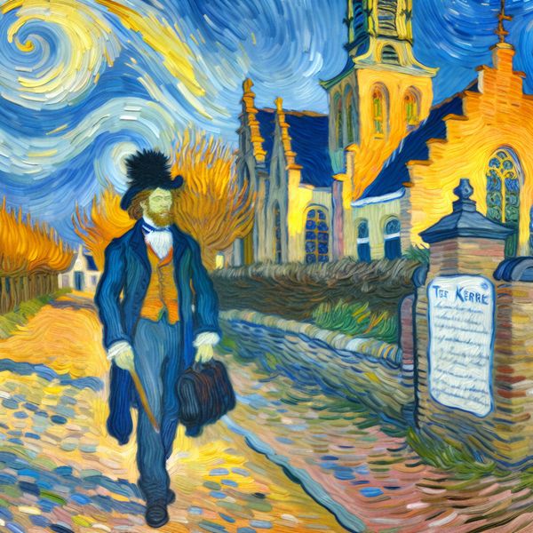 Formele uitdrukking 'Ter Kerke' - Richting en doel in Nederlandse taal en cultuur Olieverfschilderij in Van Gogh-stijl van een man in 19e-eeuwse kleding die naar een traditionele Nederlandse kerk loopt met het bord 'Ter Kerke' bij de ingang