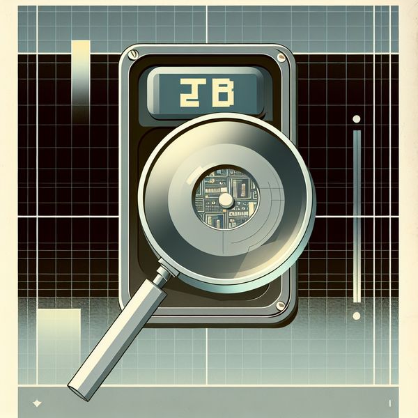 Retro-futuristische illustratie van een harde schijf met 2 TB opslagcapaciteit, waarbij een vergrootglas de microscopische circuits en binaire code achter het tera-symbool (T) toont