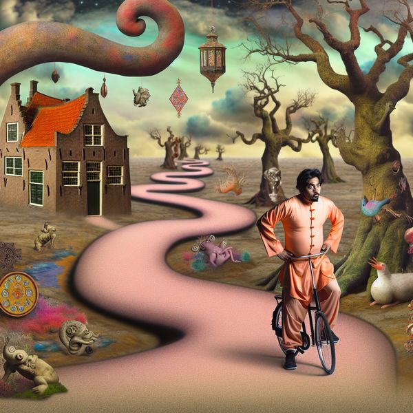 Terugkeer naar huis: surrealistische fietstocht in Bosch-stijl voor taalstudenten Surrealistisch schilderij in de stijl van Jheronimus Bosch van een man op een fiets die door een droomachtig landschap rijdt richting een huis, symbool voor terugkeren naar huis