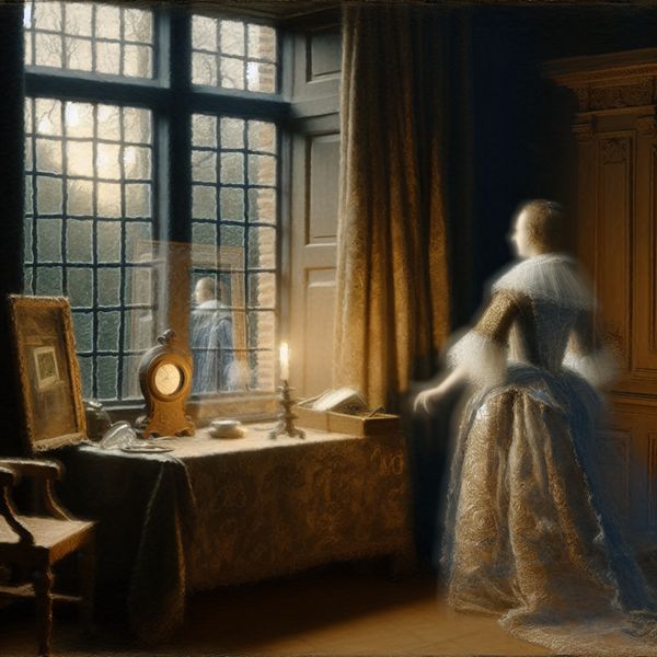 Elegant 17e-eeuws interieur met persoon in historische kleding die peinzend uit een raam kijkt, symbolisch voor het verleden en herinneringen, met subtiele moderne elementen en tijdssymboliek