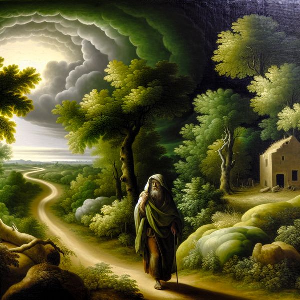 Terugkeren naar een Verwelkomend Thuis Een vermoeide reiziger wandelt een kronkelig pad af naar een gezellige huis onder een dramatisch bewolkte lucht, omringd door weelderig groen en grote bomen.