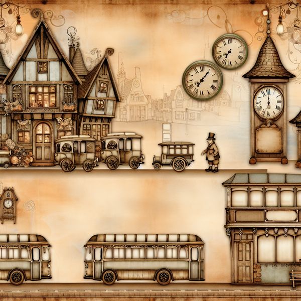 Illustratie van een nostalgische bushalte in sprookjesstijl met terugkerende bussen die elke tien minuten aankomen, klokkentoren en dienstregeling
