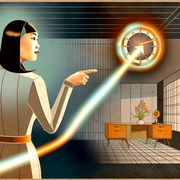 Illustratie van een persoon die met een gloeiende pijl terugverwijst naar een klok in een retro-futuristisch kantoor, symboliserend een verwijzing naar een eerder besproken onderwerp