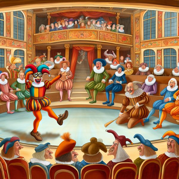 Humoristische Shakespeareaanse uitvoering in theater Een levendige theaterscène met een humoristische uitvoering van een Shakespeareaanse toneelstuk, waarbij acteurs in kleurrijke kostuums interactie hebben met het publiek.