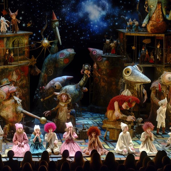 Fantasierijke Theatervoorstelling voor Kinderen Surrealistische theatervoorstelling voor kinderen met fantasievolle wezens en kleurrijke visuals, kinderen in verbazing zittend
