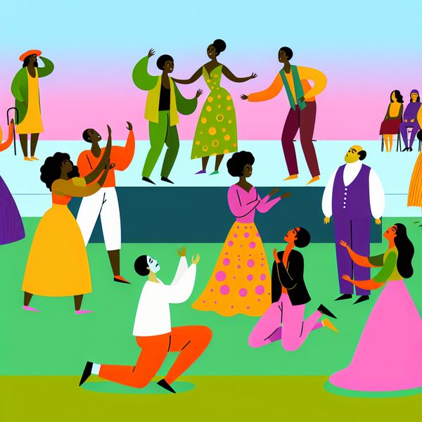 Acteurs in kleurrijke kostuums repeteren voor een theateruitvoering in een park, met een publiek dat lacht en geniet.