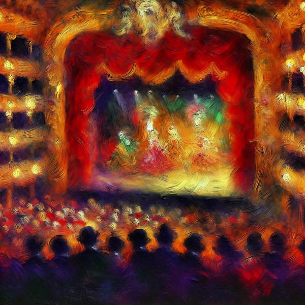 Theater Scène met Opgaand Doek en Enthousiaste Publiek Het moment waarop het theaterdoek opgaat, onthullend een kleurrijk podium met enthousiaste toeschouwers.