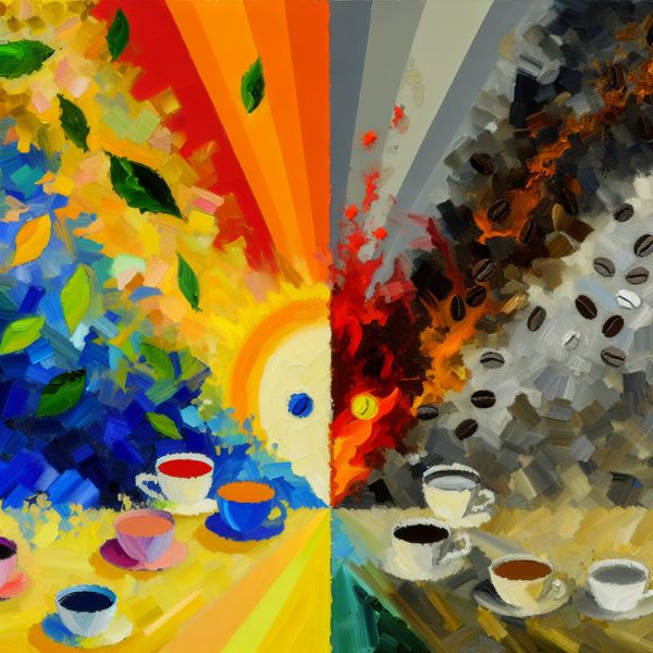 Abstract Expressionisme: Thee versus Koffie Een abstracte expressionistische schilderij van een verdeeld landschap met kleurrijke theekopjes aan de ene kant en gedempte koffiekopjes aan de andere kant.