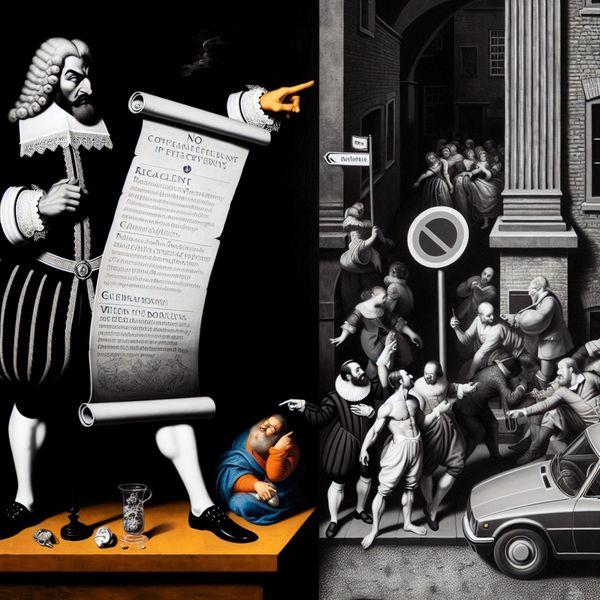 Barokke voorstelling van het contrast tussen officiële regels en de chaotische werkelijkheid, met een strenge functionaris en een levendige straatscène
