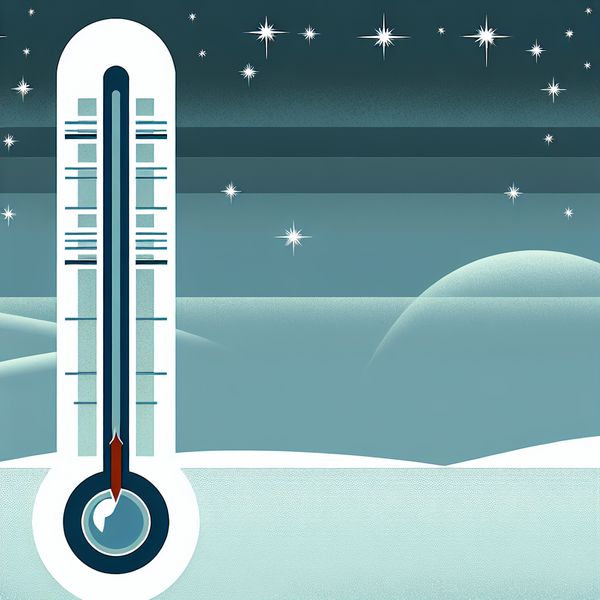 Thermometer onder nul: beneden de grens van temperatuur in retro-stijl Retro-futuristische illustratie van een thermometer met kwik onder het vriespunt, tegen een koude sterrennacht met sneeuwvlokpatroon