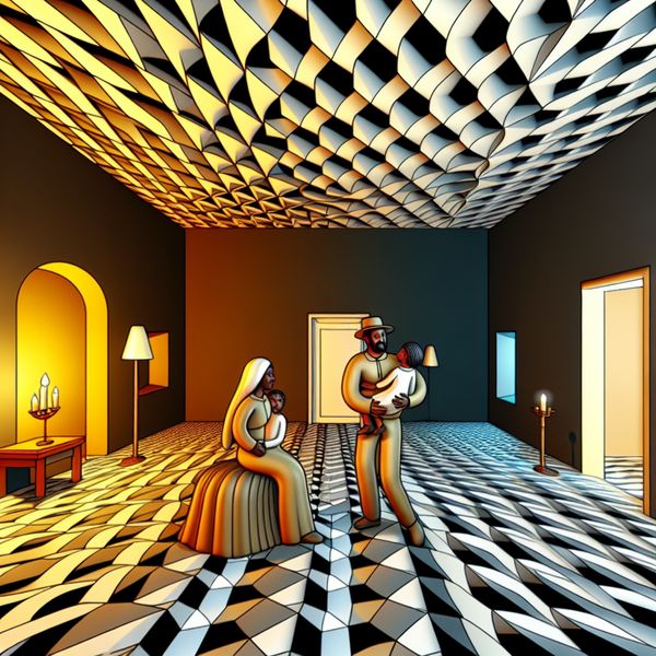 Surrealistische voorstelling van thuiskomen en geborgenheid in de stijl van M.C. Escher, met een gezin dat herenigd wordt in een warme, geometrische ruimte vol liefde en eenheid