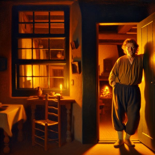 Thuisgevoel in Nederlandse huiskamer: schilderij in stijl van Frans Hals Gezellige Nederlandse huisscène bij schemering met man in de deuropening van een warm verlichte woonkamer met haardvuur en gedekte tafel