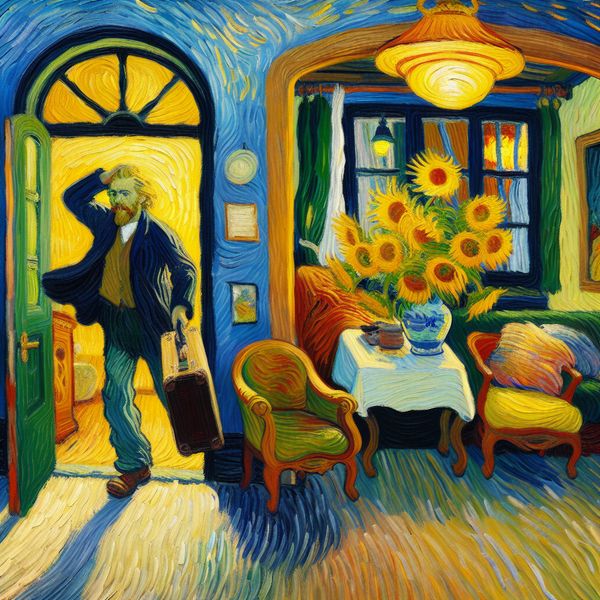 Persoon komt thuis na een reis met een koffer, warm verlichte woonkamer met zonnebloemen en lamp in Van Gogh-stijl