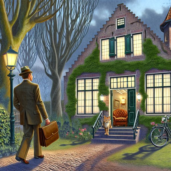 Nostalgische illustratie van een persoon die 's avonds thuiskomt bij een gezellig verlicht Nederlands huis met een kat in een fauteuil, in de stijl van Anton Pieck