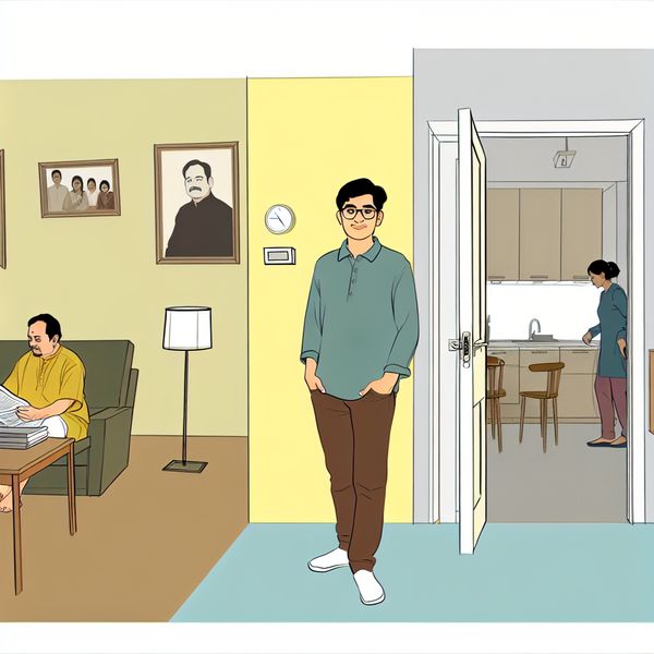 Minimalistische illustratie van een jonge volwassene die thuiswoont bij zijn ouders in een gezellige, moderne woonkamer